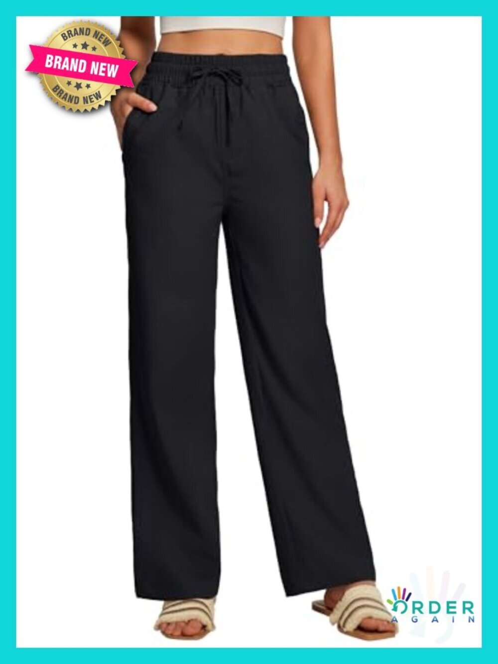 Cotton Linen Wide Leg Palazzo Pants Drawstring Pockets